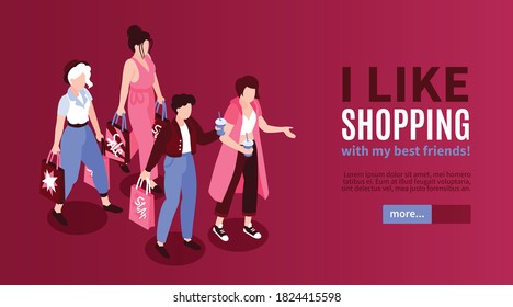 Isometric women friends horizontal banner with editable text slider more button and female characters during shopping vector illustration