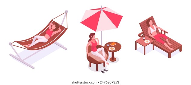 Isometrische Frauen im Hinterhof. Weibliche Figuren chilling auf Sonnenbank, in Hängematte und unter Gartenschirm 3D-Vektorillustration-Set. Mädchen verbringen Zeit draußen