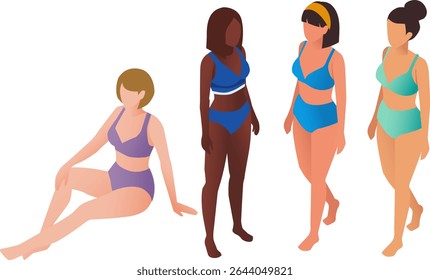 Isometric Women in Swimwear  Summer Beach Style Illustration