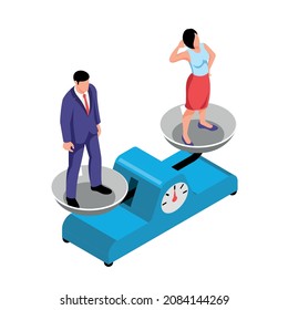 Isometric womens rights feminism gender equality composition with isolated human characters of man and woman on balance weighs vector illustration