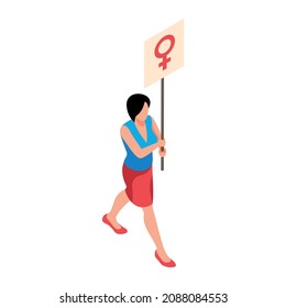 Isometric womens rights feminism gender equality composition with isolated human character of woman with placard vector illustration