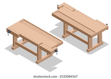 Banco de trabajo de carpintero de madera isométrica. Producción de muebles por encargo. La carpintería como hobby.