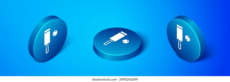Isometric Wood cricket bat and ball icon isolated on blue background. Blue circle button. Vector