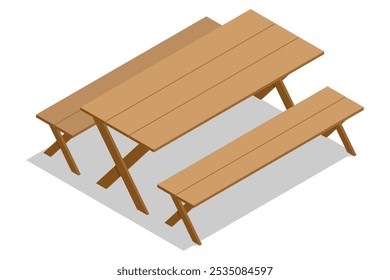 Mesa de piquenique de madeira isométrica com bancos, móveis de madeira para jantar churrasco ao ar livre, mesa de jardim, nova mesa de piquenique de madeira vazia isolada sobre fundo branco.