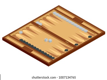 Isometric Wooden Backgammon Board, with playing pieces and dice. Vector illustration