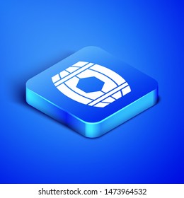 Isometric Wooden barrel with honey icon isolated on blue background. Blue square button. Vector Illustration