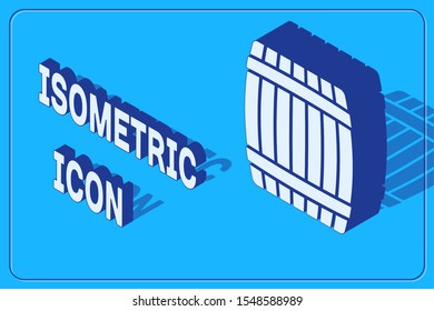 Isometric Wooden barrel icon isolated on blue background.  Vector Illustration