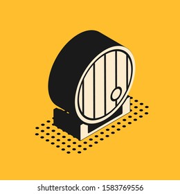 Isometric Wooden barrel icon isolated on yellow background. Alcohol barrel, drink container, wooden keg for beer, whiskey, wine.  Vector Illustration