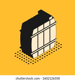 Isometric Wooden barrel icon isolated on yellow background. Alcohol barrel, drink container, wooden keg for beer, whiskey, wine.  Vector Illustration