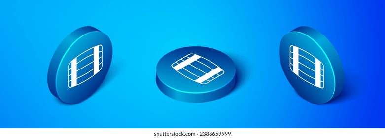 Isometric Wooden barrel icon isolated on blue background. Alcohol barrel, drink container, wooden keg for beer, whiskey, wine. Blue circle button. Vector