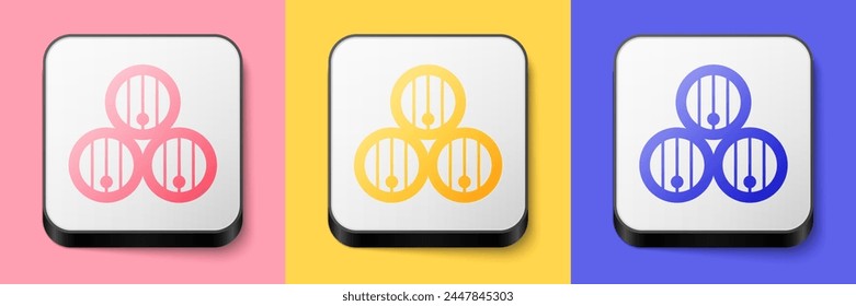 Isometric Wooden barrel icon isolated on pink, yellow and blue background. Alcohol barrel, drink container, wooden keg for beer, whiskey, wine. Square button. Vector