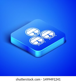 Isometric Wooden barrel on rack with stopcock icon isolated on blue background. Blue square button. Vector Illustration
