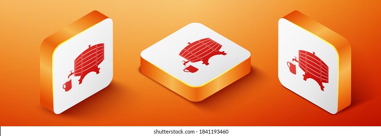 Isometric Wooden barrel on rack with stopcock and wooden beer mug icons isolated on orange background. Orange square button. Vector.