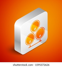 Isometric Wooden barrels icon isolated on orange background. Alcohol barrel, drink container, wooden keg for beer, whiskey, wine. Silver square button. Vector Illustration