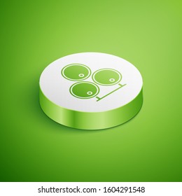 Isometric Wooden barrels icon isolated on green background. Alcohol barrel, drink container, wooden keg for beer, whiskey, wine. White circle button. Vector Illustration