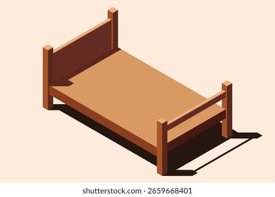 Cama de madeira isométrica. cama isométrica 3D. Moldura de madeira. Mobiliário de quarto isométrico. Mobiliário isométrico