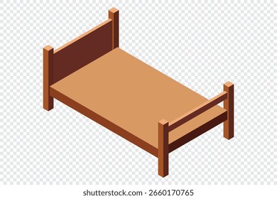 Isometric wooden bed. 3D isometric bed. Wooden bed frame. Isometric bedroom furniture. Isometric furniture