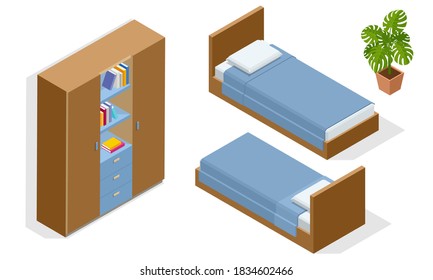 Isometric wooden bed and wardrobe isolated on white. Icons of wooden furniture. Teenage bedroom. Bedroom interior for two children.