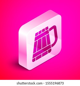 Isometric Wooden beer mug icon isolated on pink background. Silver square button. Vector Illustration