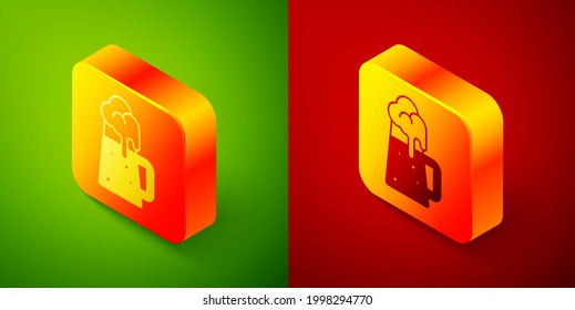 Isometric Wooden beer mug icon isolated on green and red background. Square button. Vector