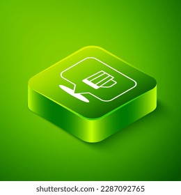 Isometric Wooden beer mug icon isolated on green background. Green square button. Vector