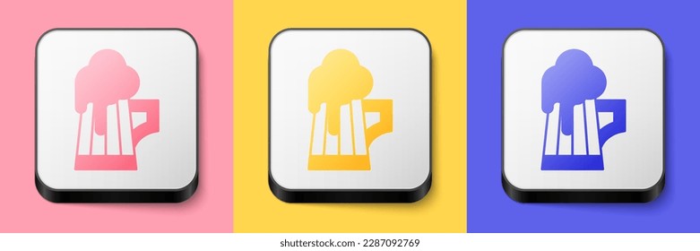 Isometric Wooden beer mug icon isolated on pink, yellow and blue background. Square button. Vector