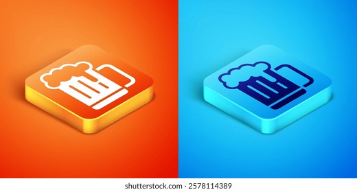 Isometric Wooden beer mug icon isolated on orange and blue background.  Vector