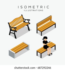 Isometric wooden bench collection with women shirt black vector illustration