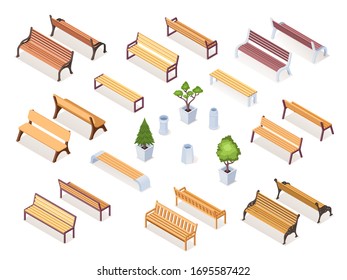 Isometric wooden bench or park chair, garden pot with bush or tree. Realistic sitting furniture for street rest. Outdoor and exterior wood objects. Urban, street architecture vector drawing. Isometry