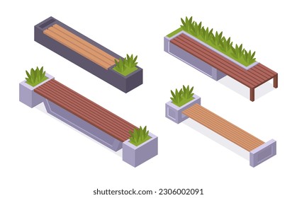 Isometric wooden benches. City park or garden summerhouse backyard bench, bench with planting of greenery 3d vector illustration set