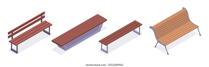 Bancos isométricos de madeira. Jardim quintal ou banco do parque da cidade, banco moderno de madeira 3d vetor ilustração conjunto. Coleção de móveis de jardim