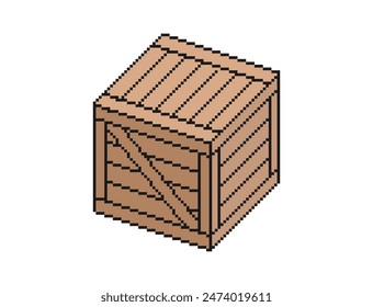 Isometric Wooden Box in Pixel Style on white background. Vector illustration