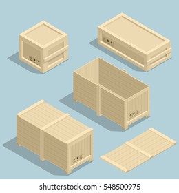 Isometric Wooden Boxes On White. The Box For Transportation Of Fruit, Vegetables And Other Goods.