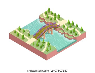 Isometric wooden bridge over a river with trees and park beside