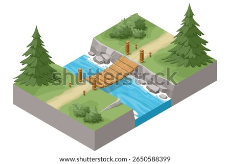 Isometric wooden bridge over a small stream in the park or forest. Hiking tourism. Summer vacation
