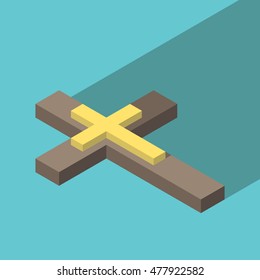 Isometric wooden Christian cross with gold inlay on turquoise blue background, long shadow. Christianity, religion and faith concept. Flat design. EPS 8 vector illustration, no transparency