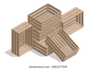 Isometrische Holzkiste auf weißem Hintergrund. Holzkiste für Gemüse und Obst