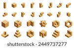 Isometric wooden cubes. Geometric wooden blocks of different shapes, wooden 3D squares for children education and entertainment. Vector isolated set. Preschool learning with bricks