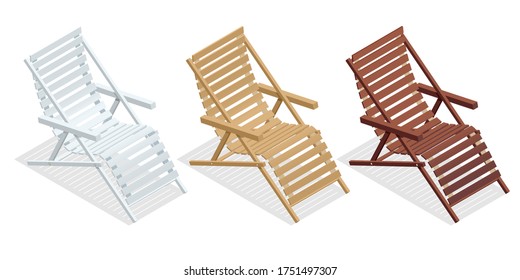 Isometric wooden deck chairs, lounge sun chair isolated on white background. Set of wooden reclining chairs