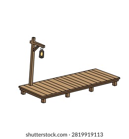 Isometric wooden dock with hanging lantern in flat color style isolated on white background. Rustic pier platform vector illustration for harbor, lake, river, or fishing scenes