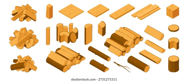 Isometric wooden elements set. Vector logs and firewood, branches and cut tree trunks, planks and sawn wood pieces. Different shapes and sizes of natural materials. Construction, forestry and resource
