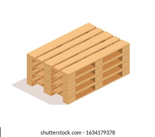 Isometric wooden empty pallet stack isolated on whte background. 3D warehouse packaging and transportation ecuipment vector illustration