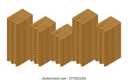 Isometric wooden empty pallet stack, front and side view. Stock vector illustration on a white isolated background.