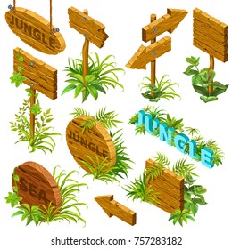 Isometric wooden frame set on white background. Boards decorated with leaves in jungle style. Isolated vector illustration. 