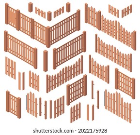 Isometric wooden garden farm rough fences. Courtyard wooden boards gates fencing, wooden 3d palisade fences vector illustration set. Farm wooden fencing outdoor elements isolated on white