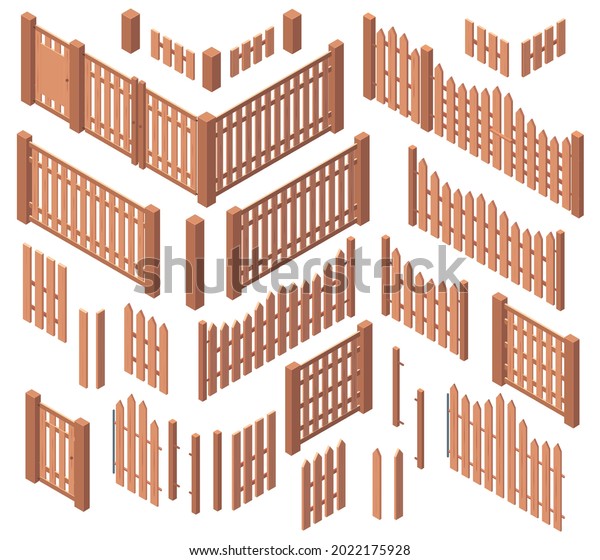 Isometric wooden garden farm rough fences.\
Courtyard wooden boards gates fencing, wooden 3d palisade fences\
vector illustration set. Farm wooden fencing outdoor elements\
isolated on white
