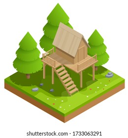 Isometric wooden house in the forest on the background of fir trees. Summer family vacation. Tree house in the evening garden