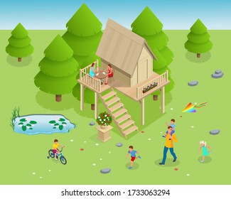 Isometric wooden house in the forest on the background of fir trees. Summer family vacation. Tree house in the evening garden