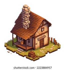 Isometric wooden hut, tiny wooden house illustration