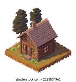 Isometric wooden hut, tiny wooden house illustration